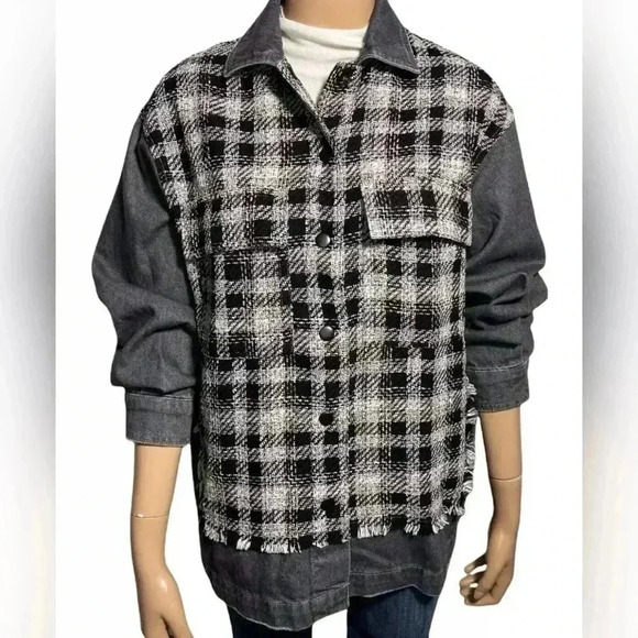 Zara Ladies Contrasting Denim Button Down Tweed Jacket Shirt Size XS Like New - Picture 4 of 7